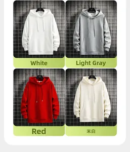Detail view of cotton blend hoodies in white, light grey, red and beige color options