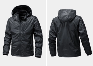 Front and back views of black hooded windbreaker jacket with zipper pockets and elastic cuffs
