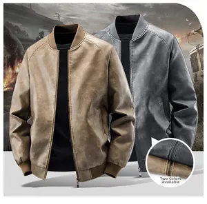 Détails de vestes bomber vintage en cuir PU avec col côtelé et fermeture éclair en deux couleurs