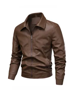 Detail shot of brown PU leather jacket featuring classic lapel and metallic zipper closure