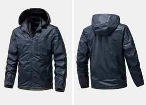 Front and back view of a dark blue hooded windbreaker jacket with functional zipper pockets