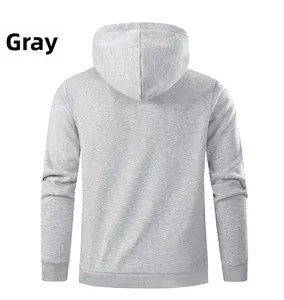 Detailed back view of grey fleece hoodie showing ribbed cuffs and knit texture