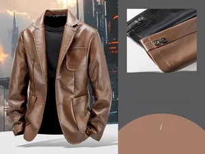 Detail view of a slim fit men's brown PU leather blazer jacket with classic lapels