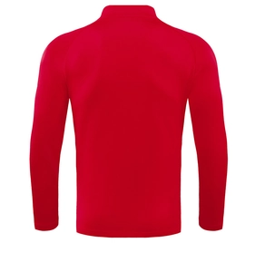 Back view of a red lightweight sports jacket with raglan sleeves and stand collar