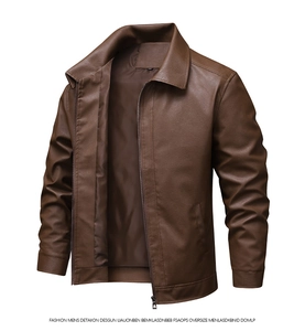 Detailed texture of brown faux leather jacket with classic lapel and metallic zipper
