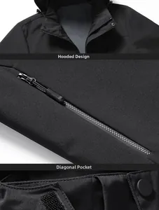 Detail of waterproof zipper pocket and hood design on black outdoor jacket