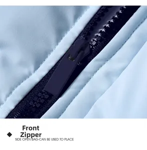 Close-up of durable navy resin zipper on light blue windproof winter padded jacket