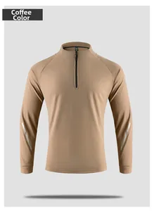 Detail of coffee brown athletic sweatshirt featuring reflective stripes and quarter-zip collar