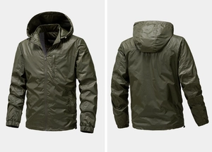 Front and back view of a men's hooded outdoor jacket in olive green windproof fabric