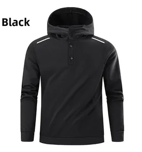 Detail of black men's hoodie featuring three-button collar and white shoulder stripes