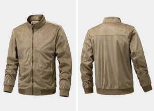 Detailed front and back view of khaki suede zipper jacket with ribbed cuffs