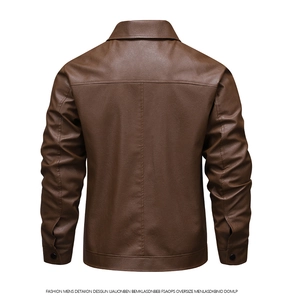 Detailed back view of dark brown faux leather jacket with shoulder stitching and lapel collar