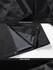Detail of outdoor jacket neck velcro closure and gray mesh lining with durable zipper