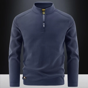 Men's dark blue half-zip fleece pullover with stand-up collar and warm textured fabric