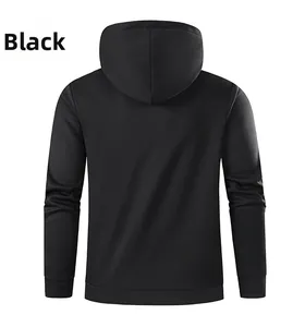 Rear view of black fleece hoodie showing classic ribbed cuffs and adjustable drawstring hood