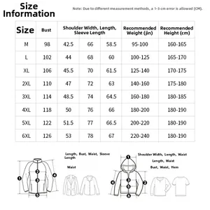 Comprehensive size chart for men's jacket including chest, shoulder, and height data