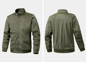 Detailed front and back views of an olive green faux suede jacket with ribbed cuffs