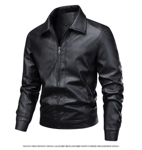 Close-up of premium black leather jacket with classic lapel collar and metal zipper detail