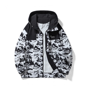 Men's hooded windbreaker jacket with mountain print and contrast black and white design