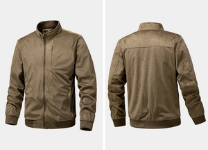 Detail view showing ribbed cuffs and metal zipper on brown suede leisure jacket