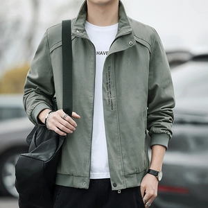 Mens olive green casual stand collar jacket in loose Japanese workwear style