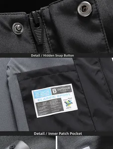 Detail view of waterproof jacket featuring metal zipper, snap buttons and inner mesh pocket