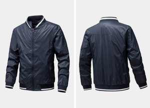 Detailed views showing striped ribbed cuffs and collar on blue bomber jacket