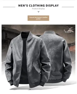 Détails de la veste en similicuir gris foncé avec col montant et zip métallique