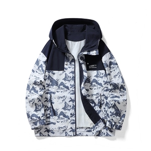 Men's hooded windbreaker jacket featuring navy mountain camo print and full zipper