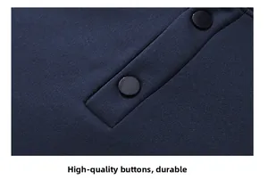 Detail of navy blue knitted fabric featuring a two-button placket and smooth texture