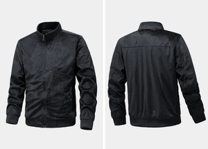 Detail shot of black faux suede bomber jacket showing ribbed cuffs and chest zipper pocket