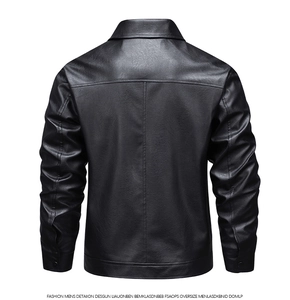 Detailed back view of men's slim fit black faux leather jacket with structural stitching