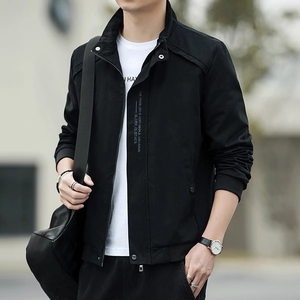 Men's casual black standing collar jacket with white graphic print and metal zipper