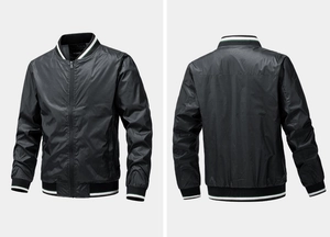 Detailed front and back view of a black lightweight pilot jacket with striped ribbed cuffs