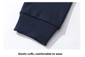 Detail of navy blue elastic ribbed cuffs on a men's fleece-lined pullover hoodie