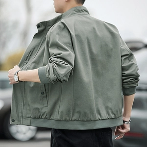 Men's sage green casual jacket with stand collar and zipper closure, stylish outdoor view