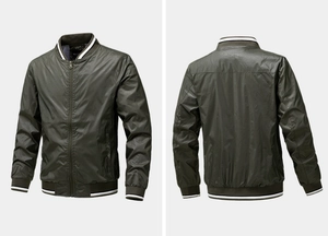 Detailed front and back views of an olive green bomber jacket with striped ribbed trims