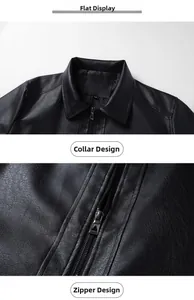 Detail of black faux leather jacket collar and metallic zipper with textured grain