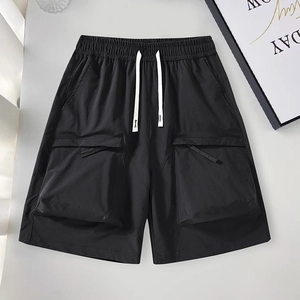 Men's black cargo shorts with elastic drawstring waist and large flap pockets