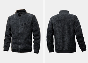 Detailed front and back view of charcoal grey bomber jacket with ribbed cuffs and hem