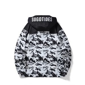 Men's hooded windbreaker featuring a black and white mountain print design and elastic cuffs