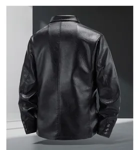 Detail view of the back of a men's black leather jacket with sleek vertical stitching lines