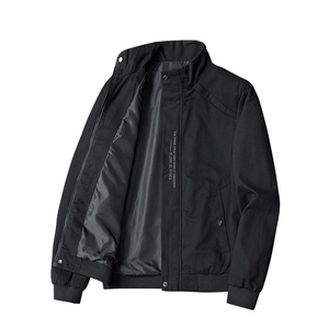 Men's black casual jacket with high collar and graphic text on 45-degree angle view