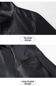 Detail view of black leather jacket shoulders and inner pocket construction features
