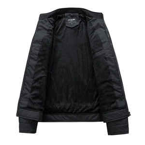 Detail of black men's jacket showing soft fleece lining and HUNTER STORY brand label