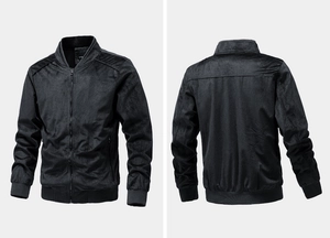 Detailed front and back views of black suede bomber jacket with ribbed cuffs and stand collar