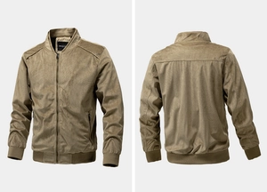 Front and back view of a khaki suede bomber jacket with ribbed cuffs and metal zipper
