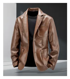 Detail of coffee brown PU leather jacket featuring classic lapels and large utility pockets