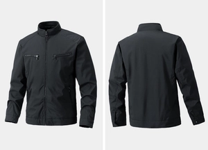Front and back view of a men's black stand collar jacket with zipper pockets