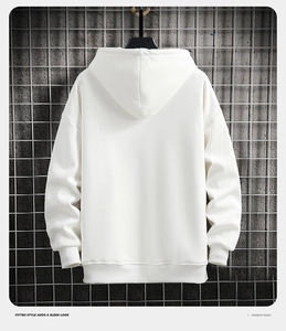 Rear view of a white hooded sweatshirt with dropped shoulders and ribbed cuffs details